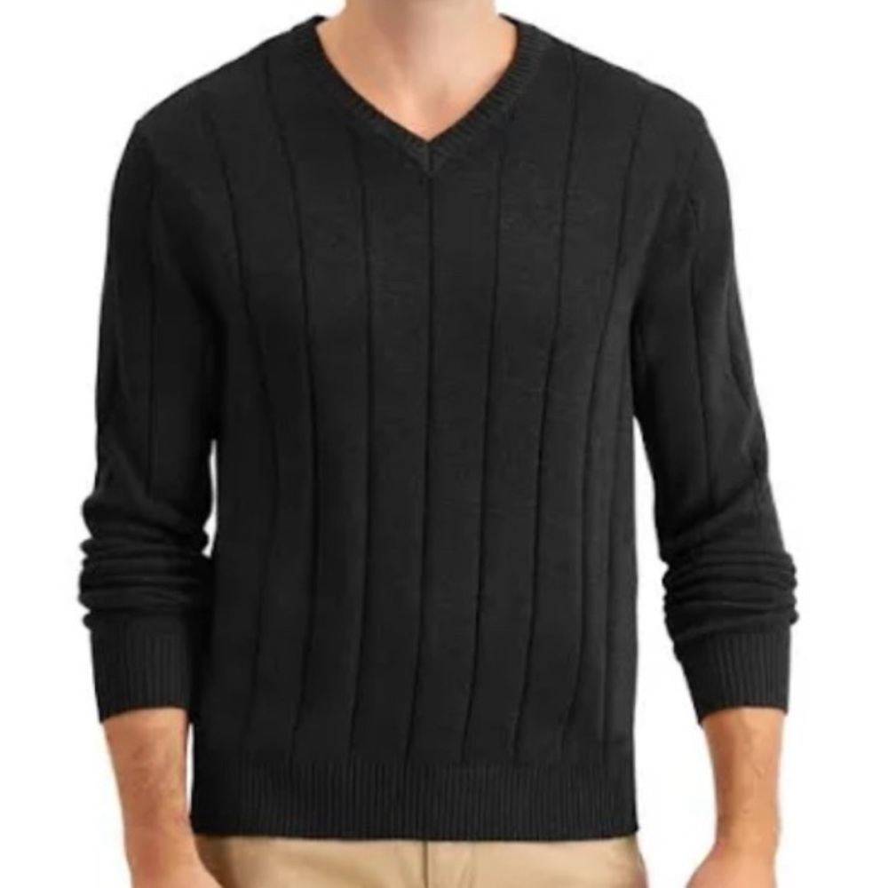 ARMANI COLLEZIONI black V-neck ribb knit sweater 100% virgin wool Lg Made Italy